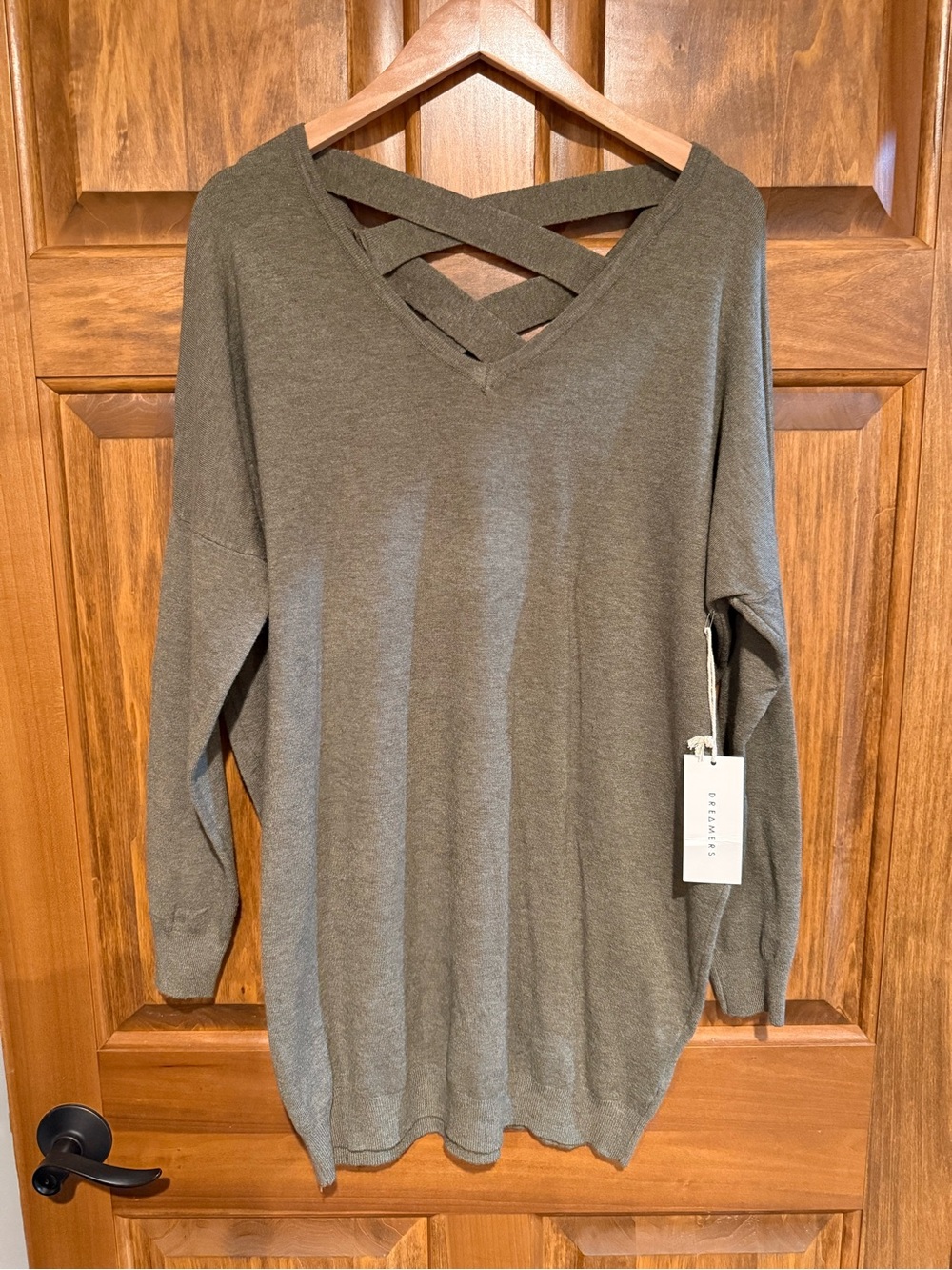 NWT DREAMERS Crisscross V-Neck Sweater Tunic in Olive Green